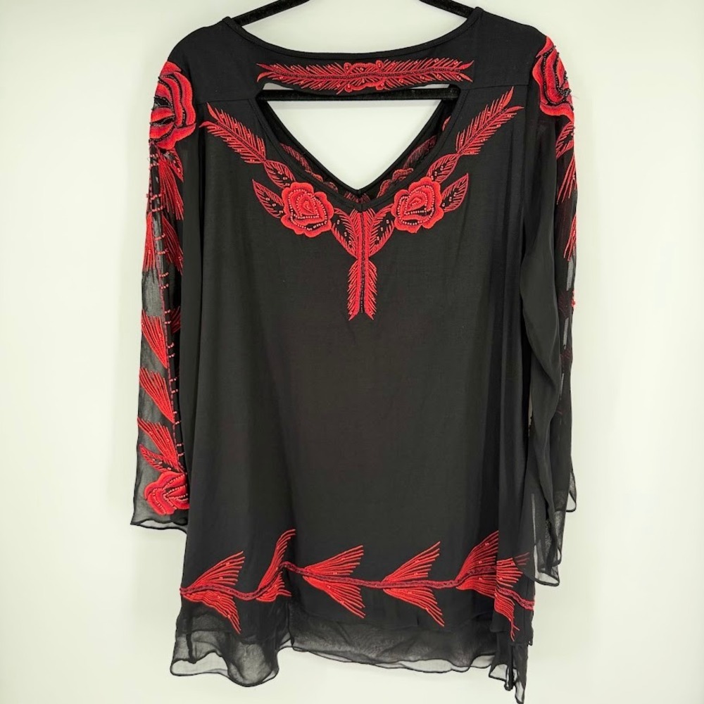 Vintage Collection Beaded Embroidered Tunic Top Womens XL Black Red Western Goth - Picture 2 of 9